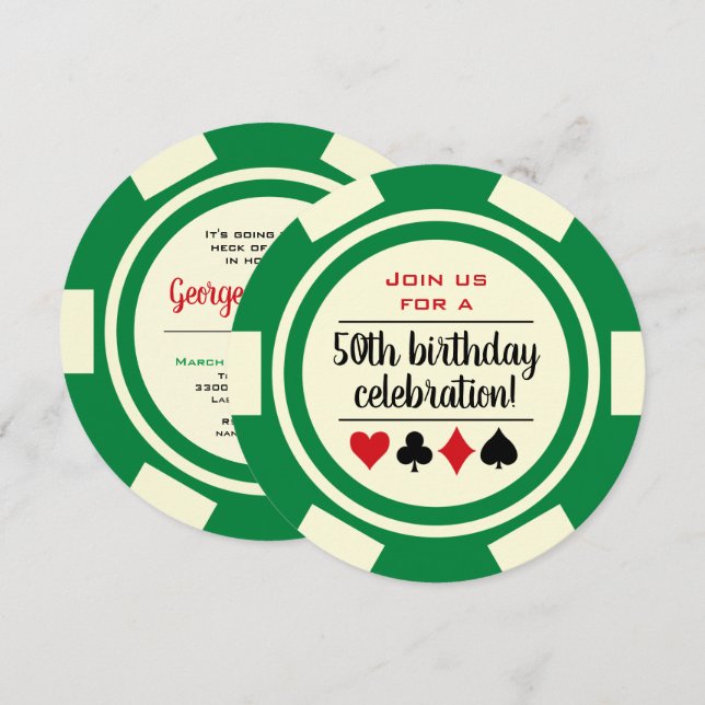 Invitación Green Poker Chip Casino Las Vegas Cumpleaños (Anverso / Reverso)