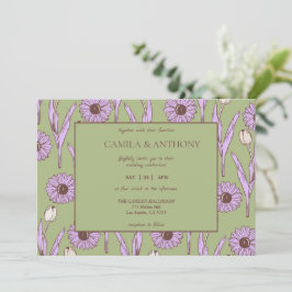 Invitación Green Purple Retro Y2K Funky Hippie Flower Pattern