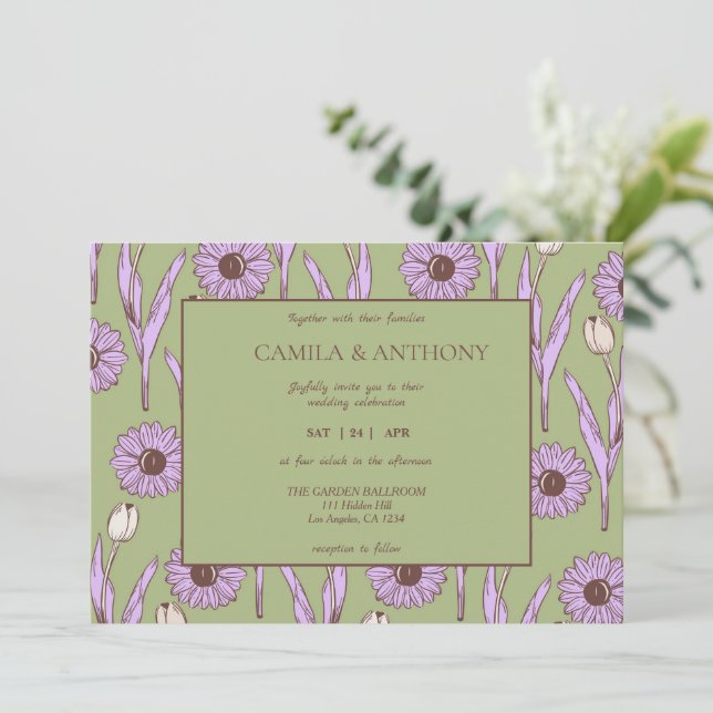 Invitación Green Purple Retro Y2K Funky Hippie Flower Pattern (Anverso de pie)