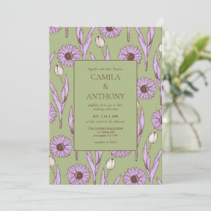 Invitación Green Purple Retro Y2K Funky Hippie Flower Pattern