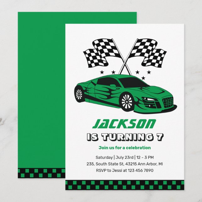 Invitación Green Race Car Carreras Niños Niños Cumpleaños (Anverso / Reverso)