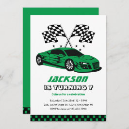 Invitación Green Race Car Carreras Niños Niños Cumpleaños