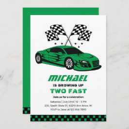 Invitación Green Race Car Two Fast Boys 2º cumpleaños