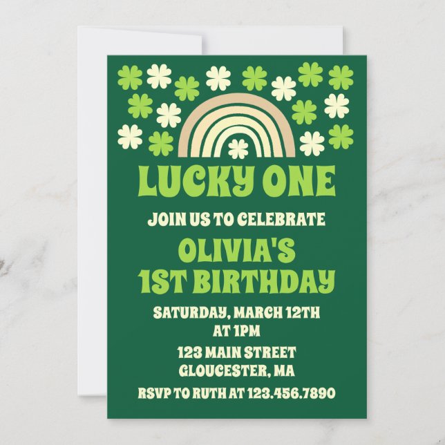 Invitación Green Rainbow Lucky One First Birday Party Photo (Anverso)
