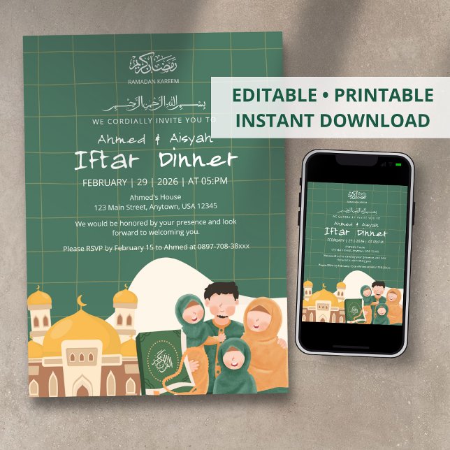 Invitación Green Ramadan Iftar Invitation with Mosque, Quran (Subido por el creador)
