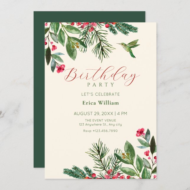 Invitación Green red floral birthday (Anverso / Reverso)
