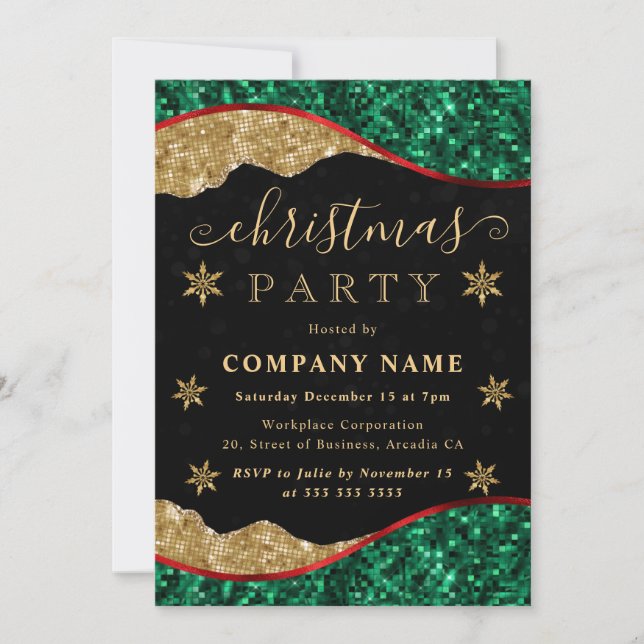 Invitación Green Red & Gold Snowflake Company Christmas Party (Anverso)