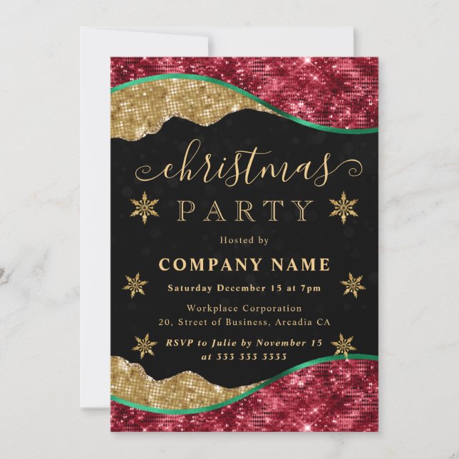 Invitación Green Red & Gold Snowflake Company Christmas Party (Anverso)
