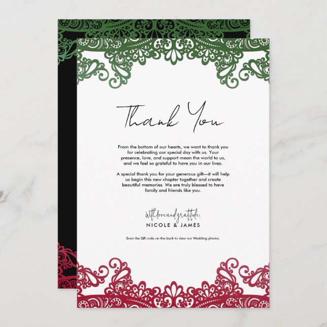 Invitación Green & Red Lace Elegante Fiesta Gracias (Anverso / Reverso)