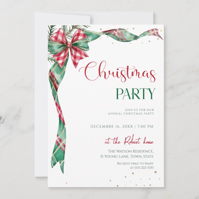 Invitación  Green Red Ribbon Bow Christmas Party  (Anverso)
