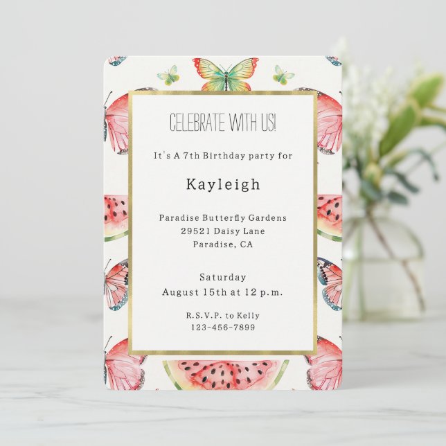 Invitación Green Red Watermelon Blue Butterflies Birthday (Anverso de pie)
