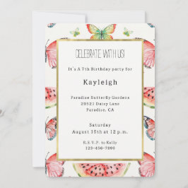 Invitación Green Red Watermelon Blue Butterflies Birthday