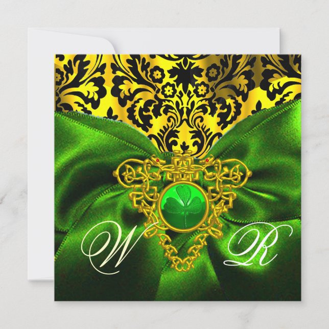 INVITACIÓN GREEN RIBBON GOLD CELTIC HEART DAMASK MONOGRAM (Anverso)
