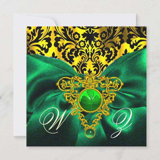 INVITACIÓN GREEN RIBBON GOLD CELTIC HEART DAMASK MONOGRAM (Anverso)