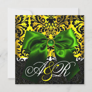 INVITACIÓN GREEN RIBBON ORO AMARILLO NEGRO DAMASK MONOGRAM