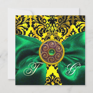 INVITACIÓN GREEN RIBBON ORO AMARILLO NEGRO DAMASK MONOGRAM