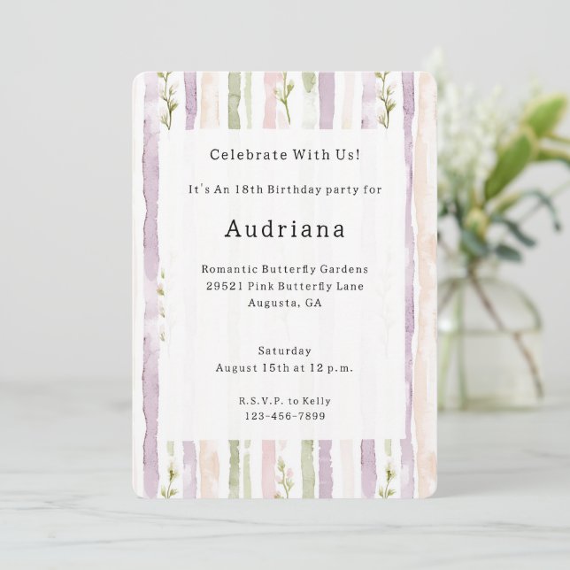 Invitación Green Rubor Pink Purple Floral Stripes Cumpleaños (Anverso de pie)