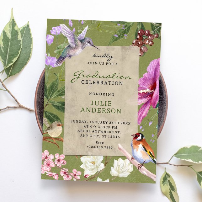 Invitación Green rustic floral bird art graduation (Subido por el creador)