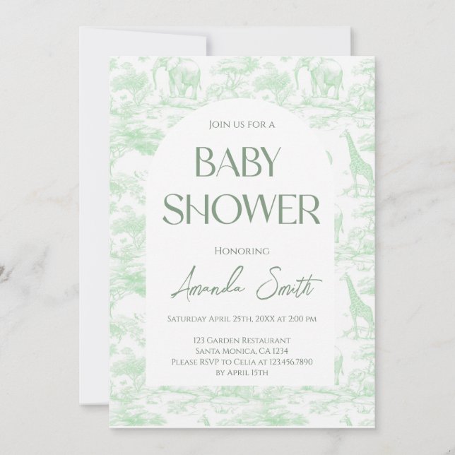 Invitación Green Safari Animals Toile De Jouy Baby Shower (Anverso)