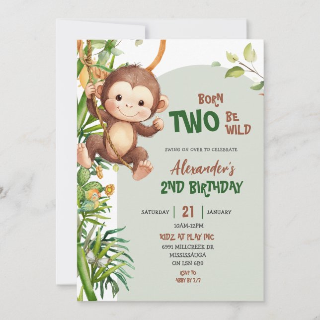Invitación Green Safari Monkey Born Two Be Wild 2nd Birthday (Anverso)