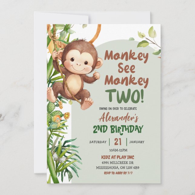 Invitación Green Safari Monkey See Monkey Two 2nd Birthday (Anverso)