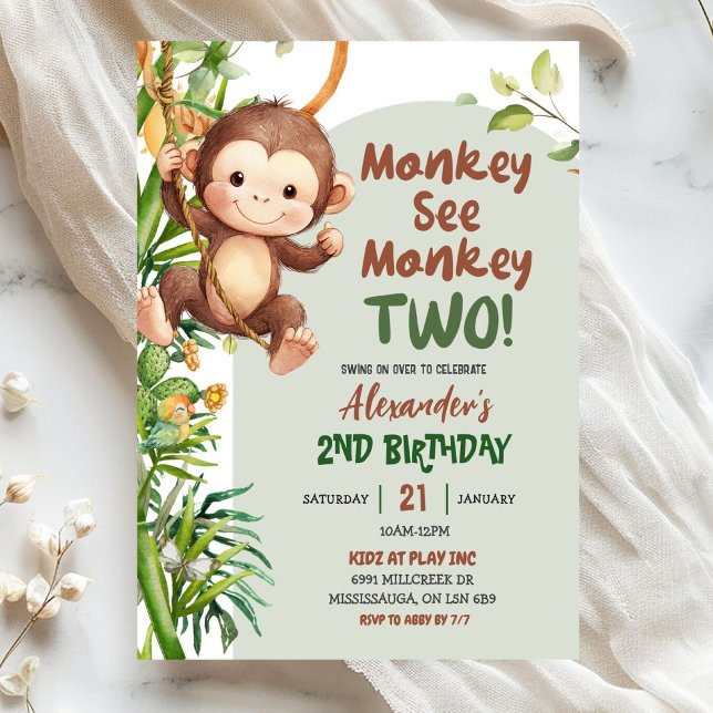 Invitación Green Safari Monkey See Monkey Two 2nd Birthday (Subido por el creador)