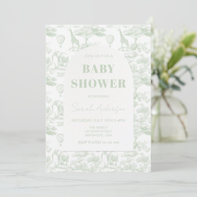 Invitación Green Safari Toile D Jouy Jungle Tema Baby Shower (Anverso de pie)