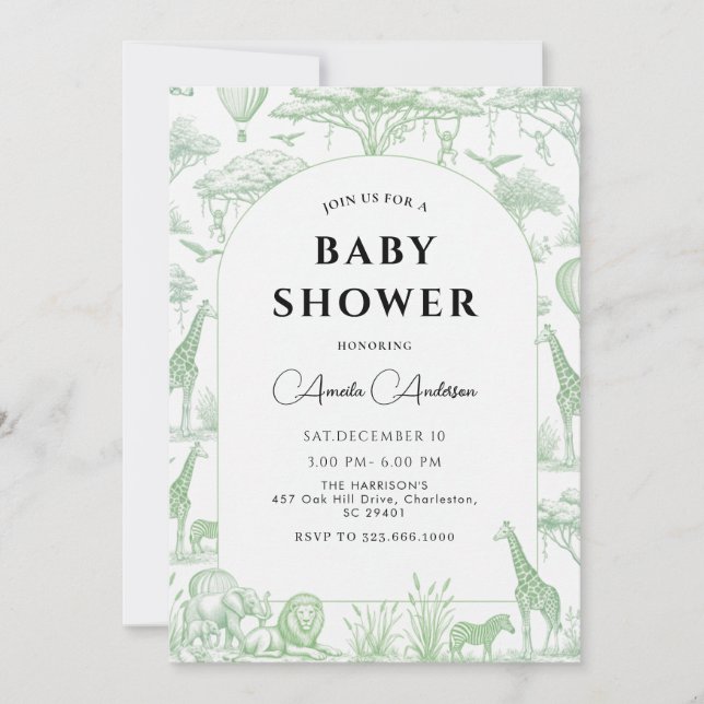 Invitación Green Safari Toile De Jouy Boy Baby Shower  (Anverso)