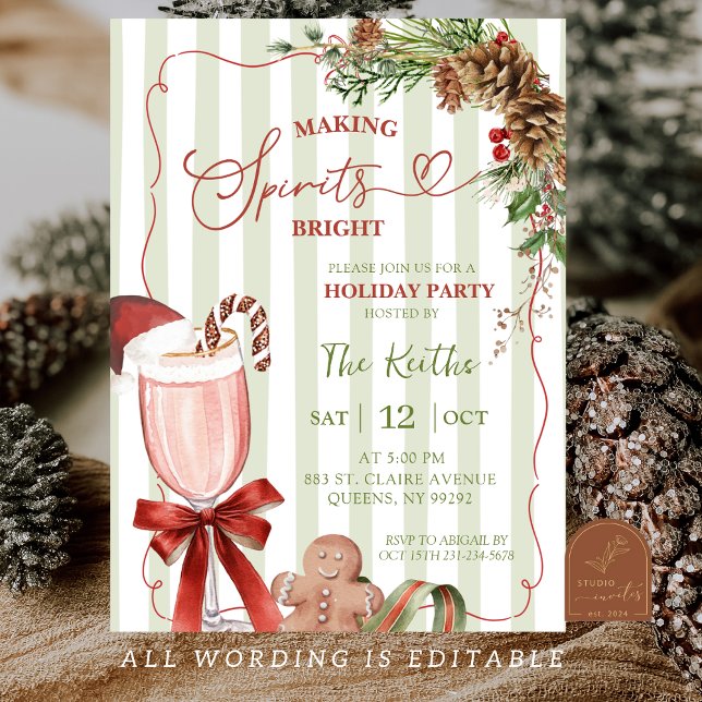 Invitación Green Sage Stripes Christmas Making Spirit Bright  (Subido por el creador)
