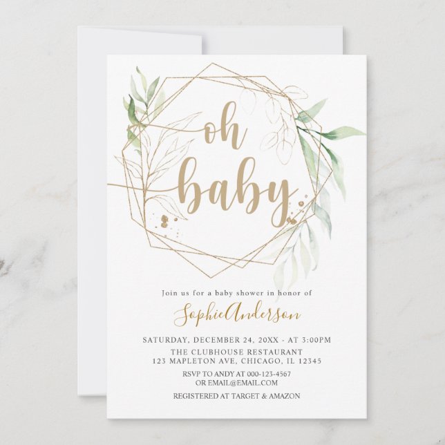 Invitación Green Sage y Gold Oh Baby Baby Shower (Anverso)
