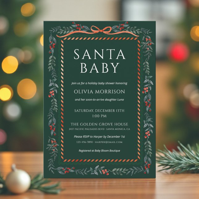 Invitación Green Santa Baby Bow Christmas Baby Shower (Subido por el creador)