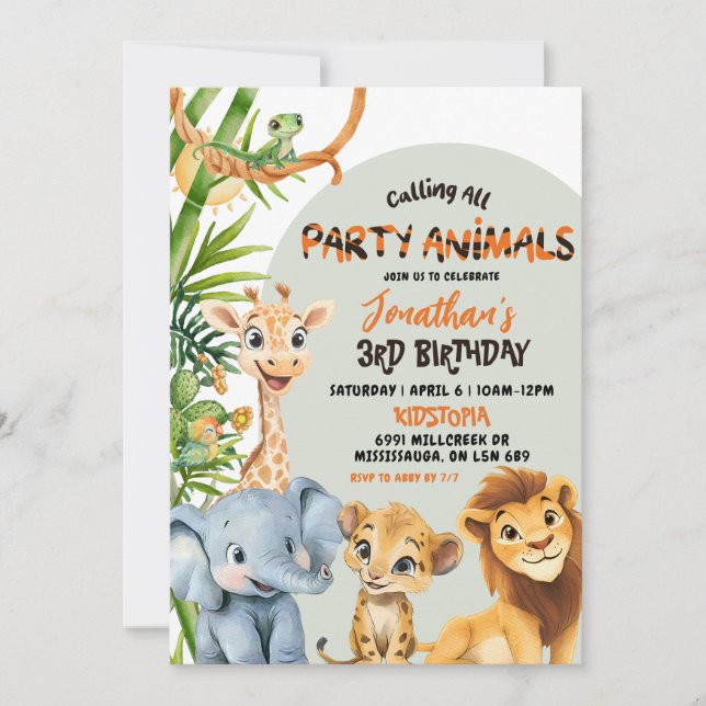 Invitación Green Savannah Calling All Party Animals Birthday (Anverso)