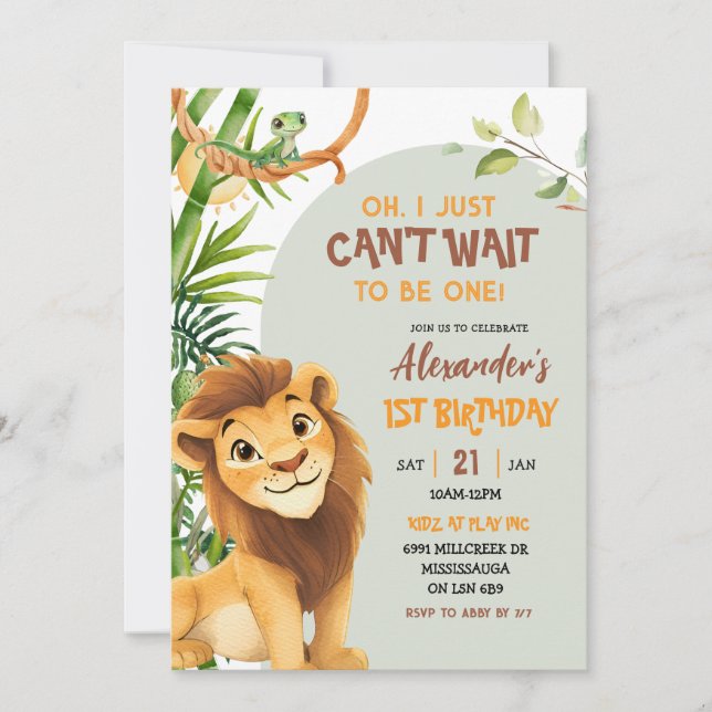 Invitación Green Savannah Lion Theme First Birthday (Anverso)