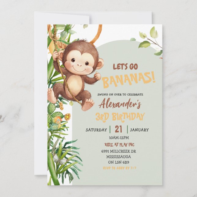 Invitación Green Savannah Monkey Let's Go Bananas Birthday (Anverso)