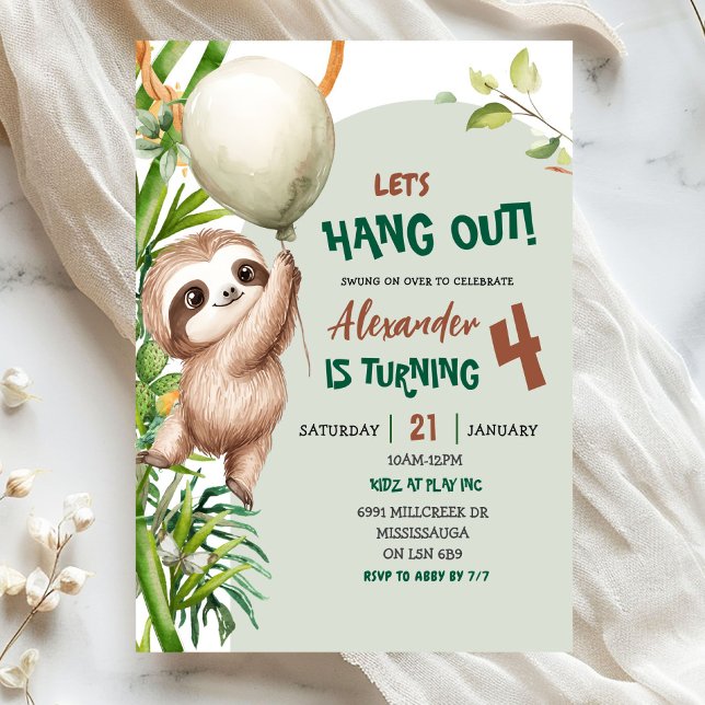 Invitación Green Savannah Sloth Let's Hang Out Birthday (Subido por el creador)