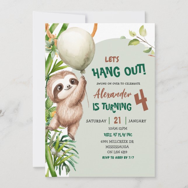Invitación Green Savannah Sloth Let's Hang Out Birthday (Anverso)