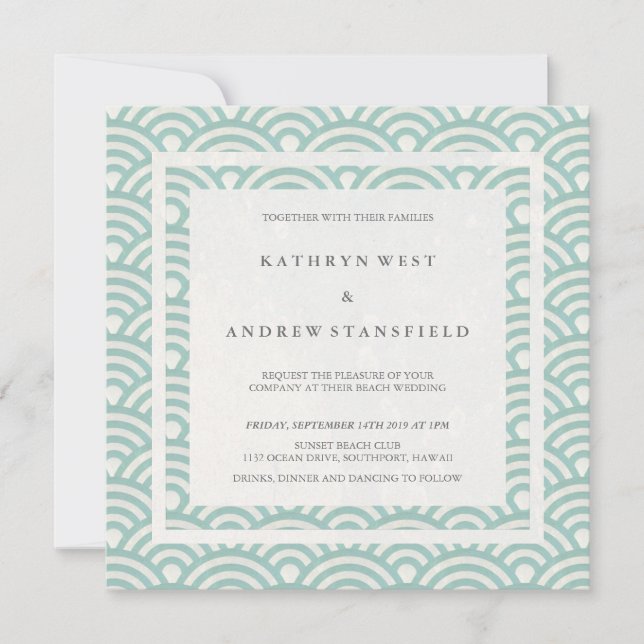 Invitación Green Seafoam + White Waves Elegant Beach Wedding (Anverso)