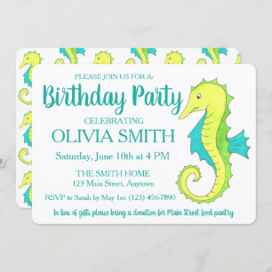 Invitación Green Seahorse Sea Horse Beach Birday Party