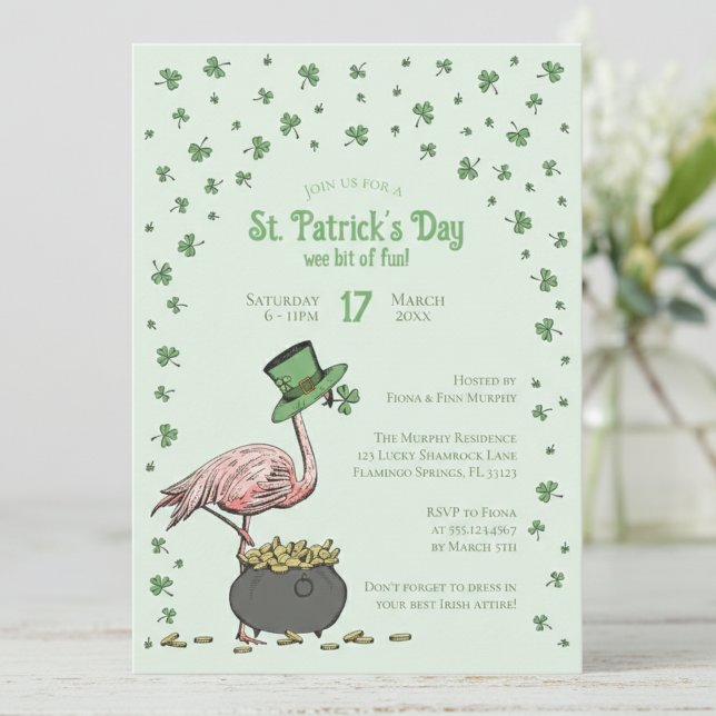Invitación Green Shamrock Flamingo St Patrick's Day Party (Funny Irish Flamingo Light Green St Patrick's Day Invitations. Shamrocks, Clovers, Leprechaun Hat)