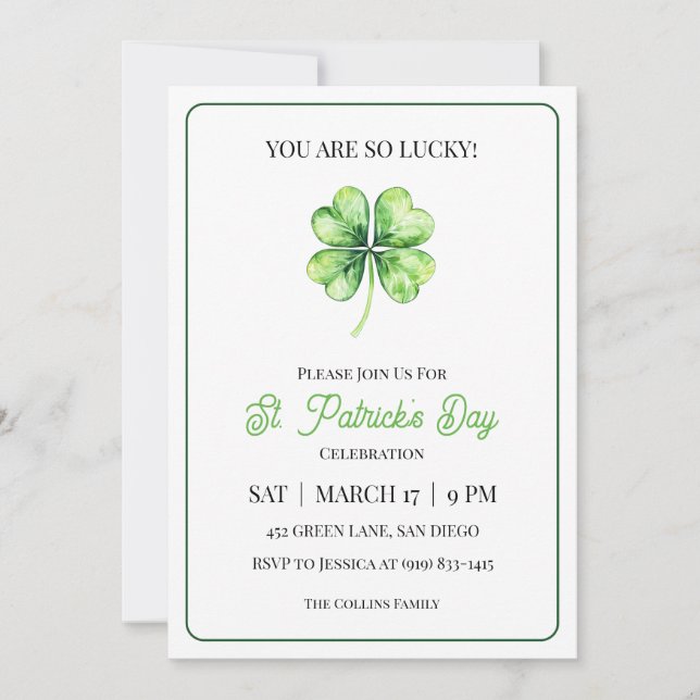 Invitación Green Shamrock Luck Simple St. Patrick's Day Fiest (Anverso)