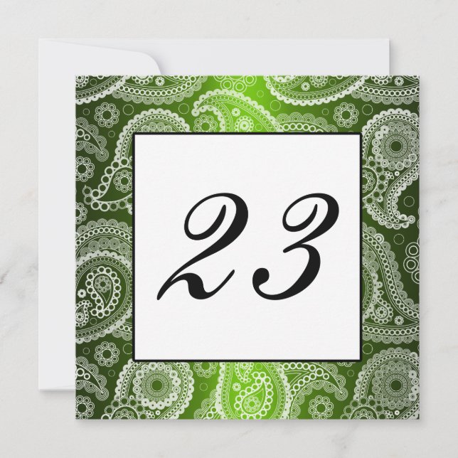 Invitación Green Shimmer White Lace Paisley Table Number (Anverso)