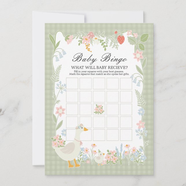 Invitación Green Silly Goose Floral Gingham Baby Bingo (Anverso)