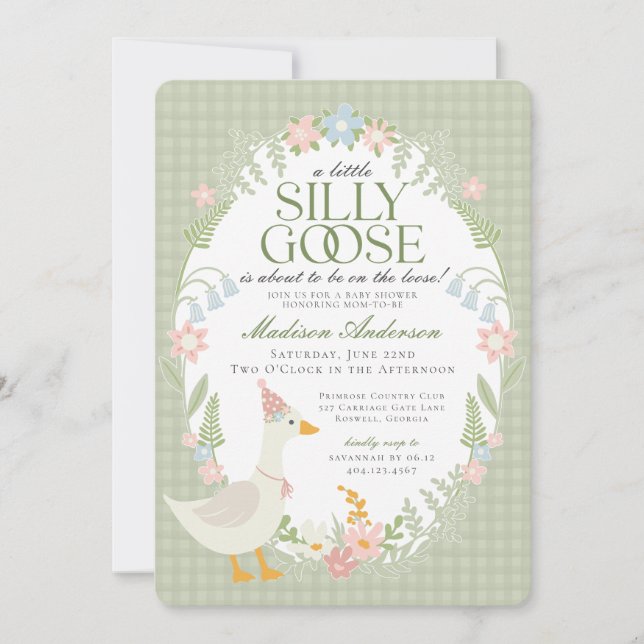 Invitación Green Silly Goose Floral Gingham Baby Shower (Anverso)