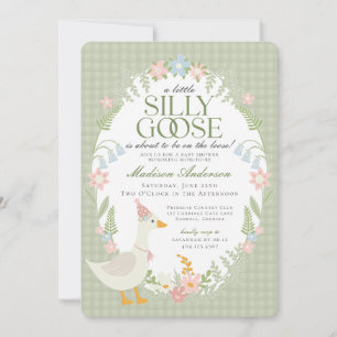 Invitación Green Silly Goose Floral Gingham Baby Shower