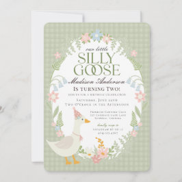Invitación Green Silly Goose Floral Gingham Birthday Party