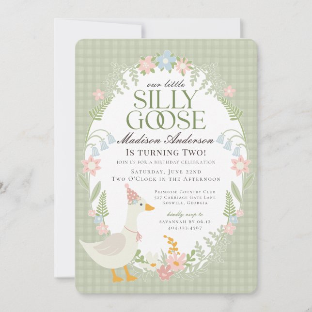 Invitación Green Silly Goose Floral Gingham Birthday Party (Anverso)