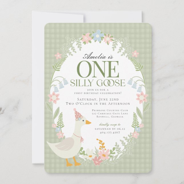 Invitación Green Silly Goose Floral Gingham First Birday (Anverso)