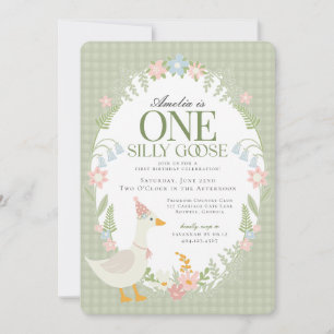 Invitación Green Silly Goose Floral Gingham First Birday