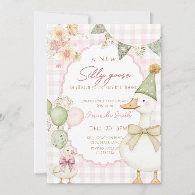 Invitación Green Silly Goose Pink Gingham Baby shower  (Anverso)