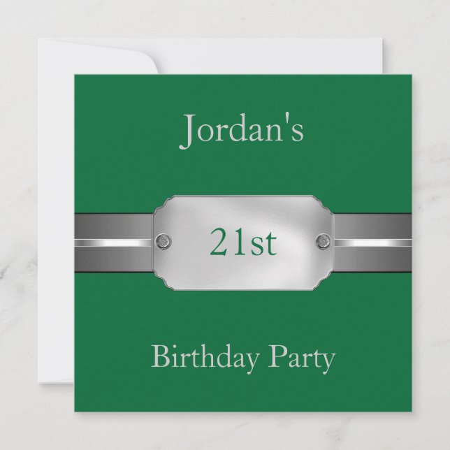Invitación Green Silver 21st Elegant Men Birthday Party (Anverso)